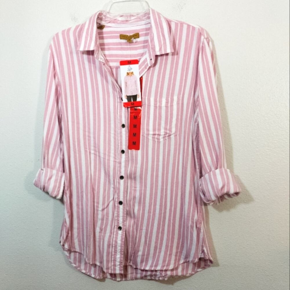 NWT Jachs Girlfriend pink & white striped button front shirt M